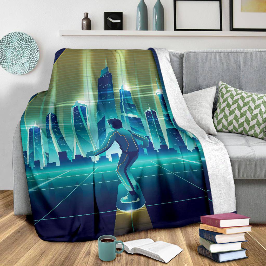 Skateboard Man Future Metropolis City Premium Blanket - Top Content | POD Collection | Free Shipping