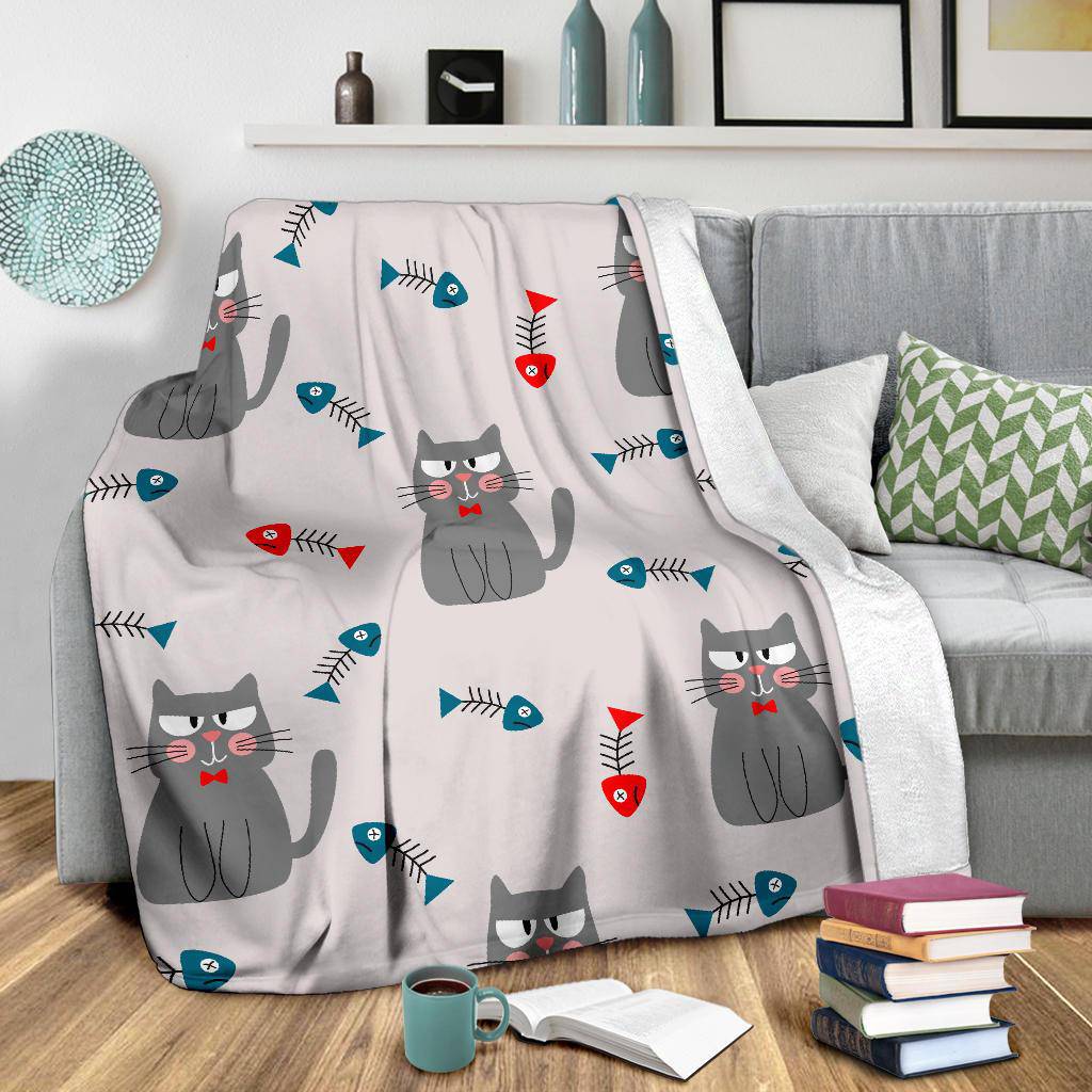 Premium Blanket Cute Cat Fishbone Seamless Background Illustration - Top Content | POD Collection | Free Shipping