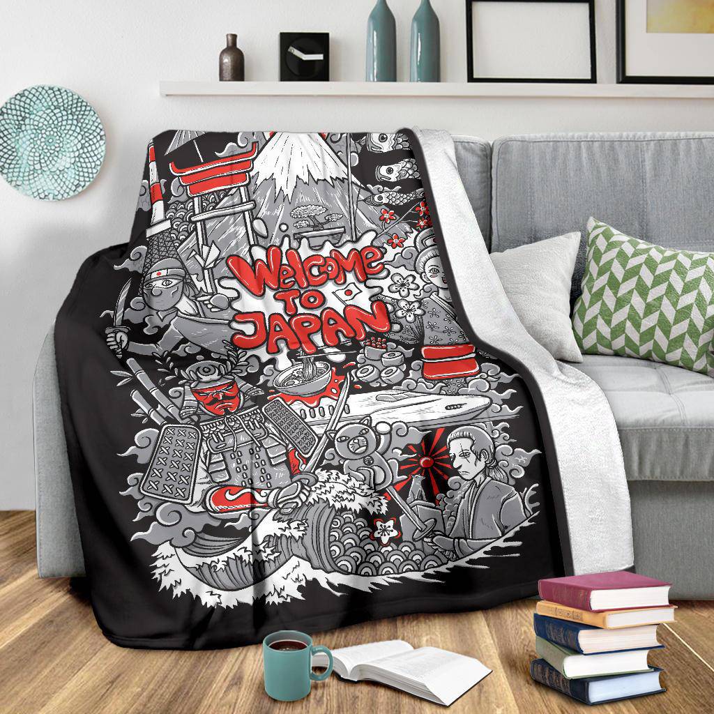 Welcome To Japan Premium Blanket, Illustration Of Culture Landmarks - Top Content | POD Collection | Free Shipping