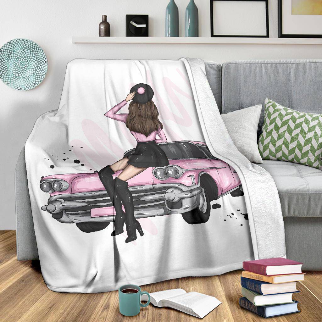 Premium Blanket Vintage Car Stylish Pink Girl - Top Content | POD Collection | Free Shipping