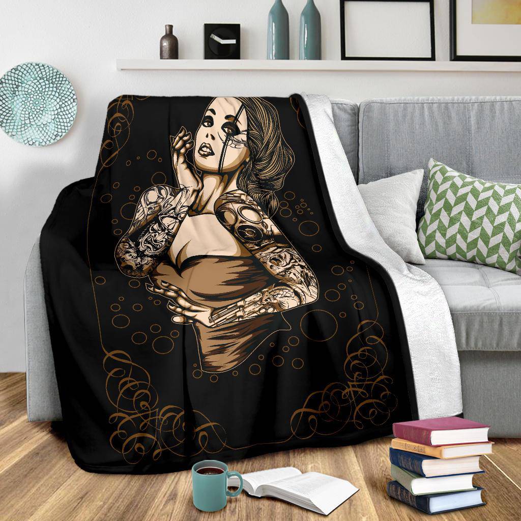 Sexy Tattooed Girl Premium Blanket, Tattoo Style Cartoon Drawing - Top Content | POD Collection | Free Shipping