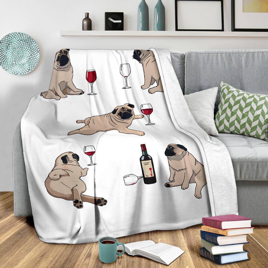 Funny Pug Posing With Bottle of Wine Cartoon Style Premium Blanket - Top Content | POD Collection | Free Shipping