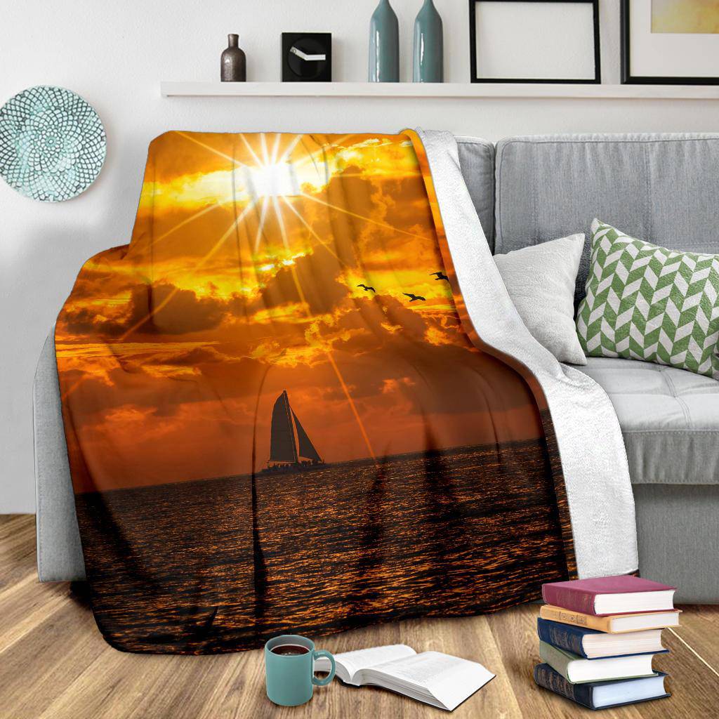 Silhouette Boat Sea Sun Birds Premium Blanket - Top Content | POD Collection | Free Shipping