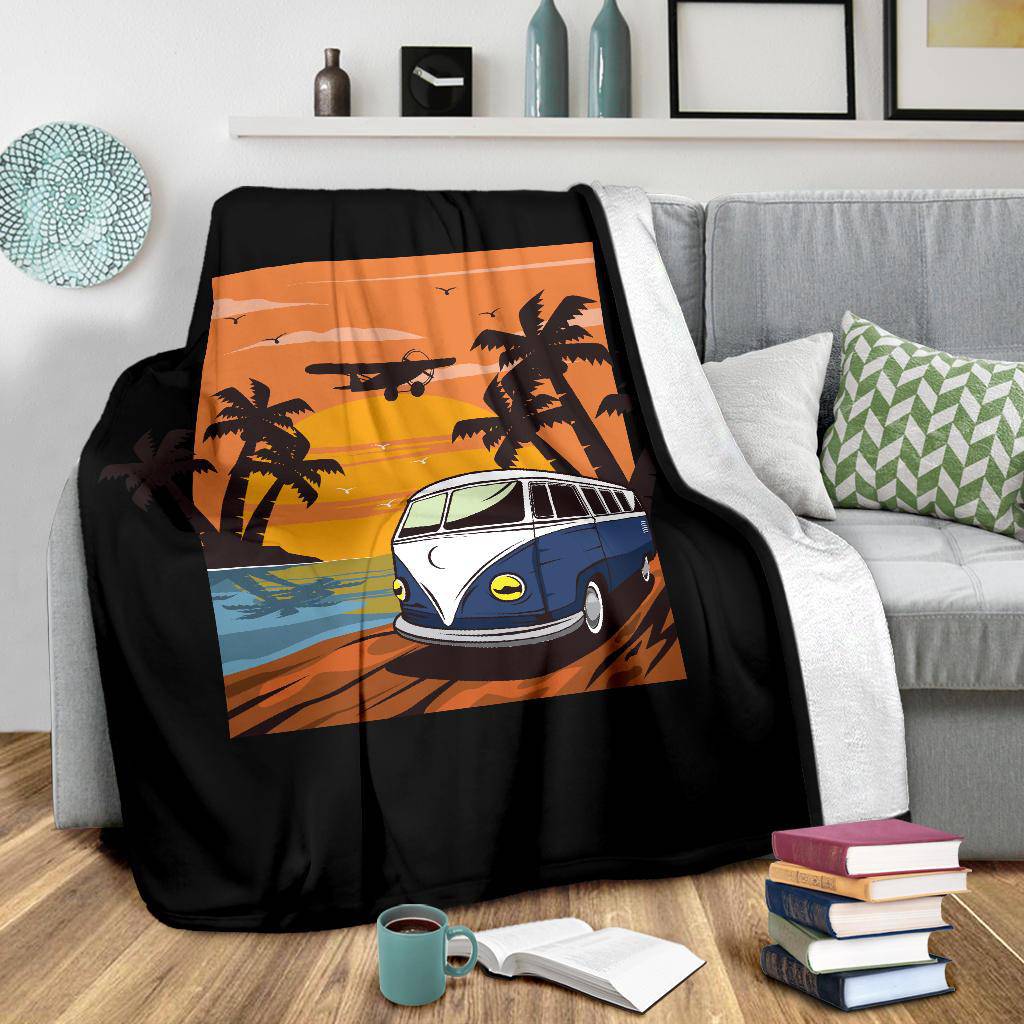 Blue Van Island Sunset Cartoon Premium Blanket - Top Content | POD Collection | Free Shipping