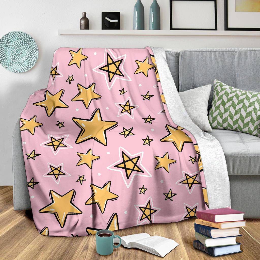 Hand Drawn Yellow Stars, Pink Seamless Pattern Premium Blanket - Top Content | POD Collection | Free Shipping