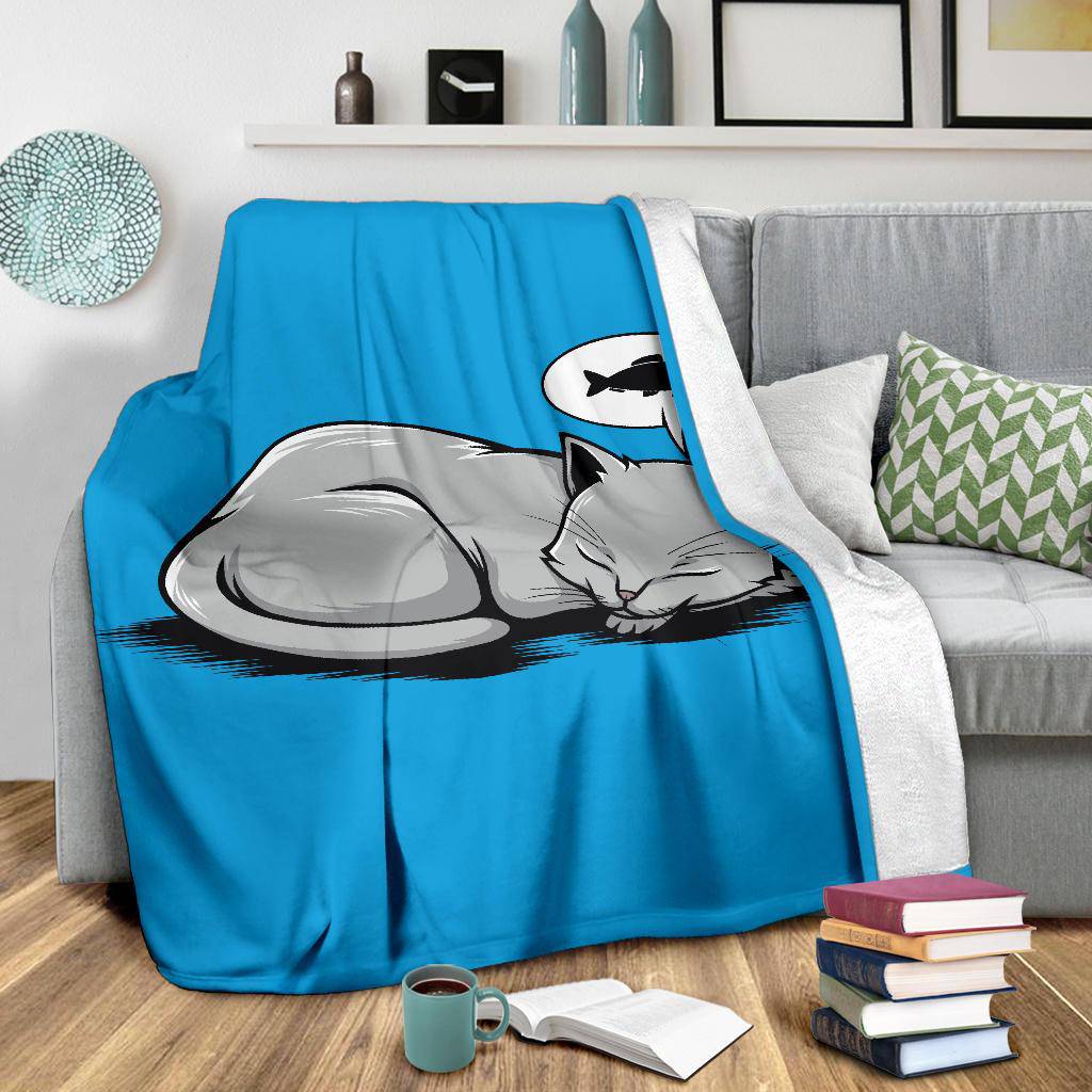 Sleeping Cat Dreaming About Fish Premium Blanket - Top Content | POD Collection | Free Shipping