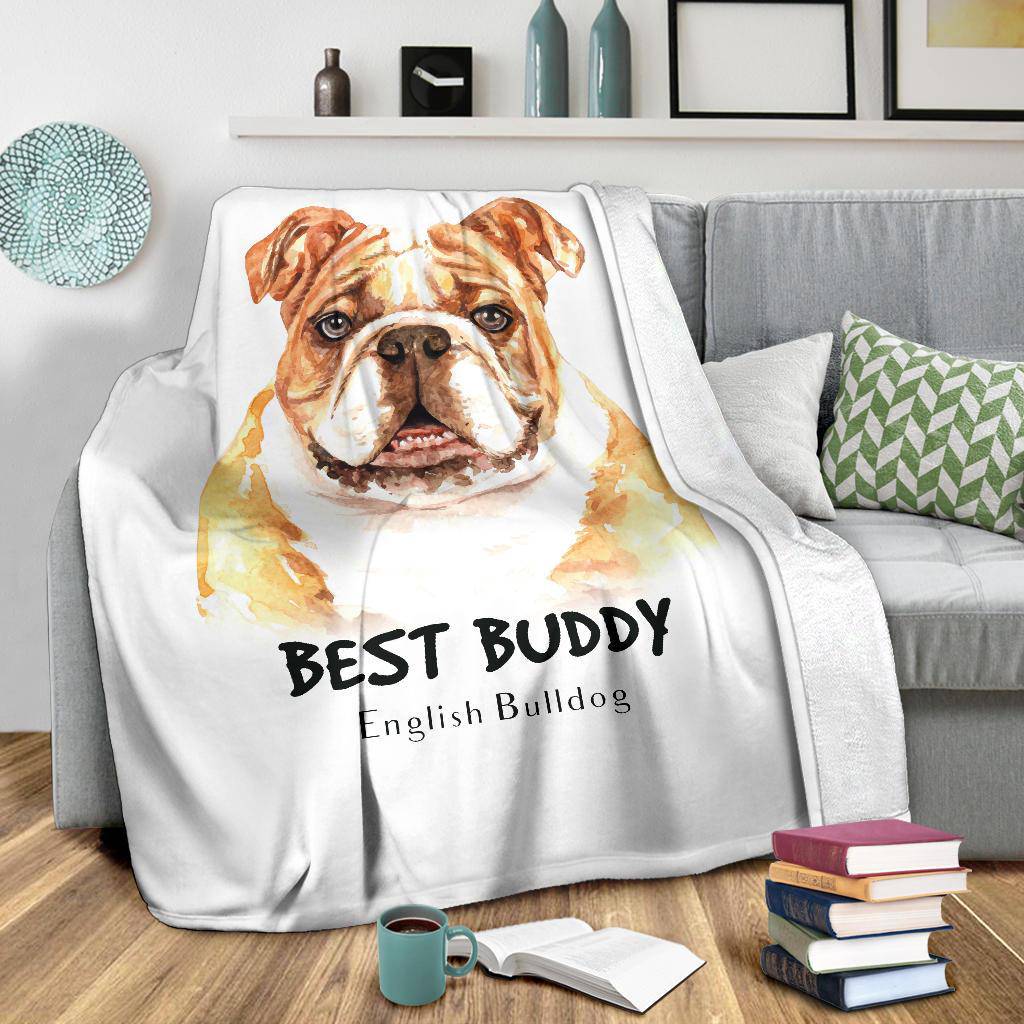 Watercolour English Bulldog Portrait Premium Blanket, Best Buddy Cartoon - Top Content | POD Collection | Free Shipping