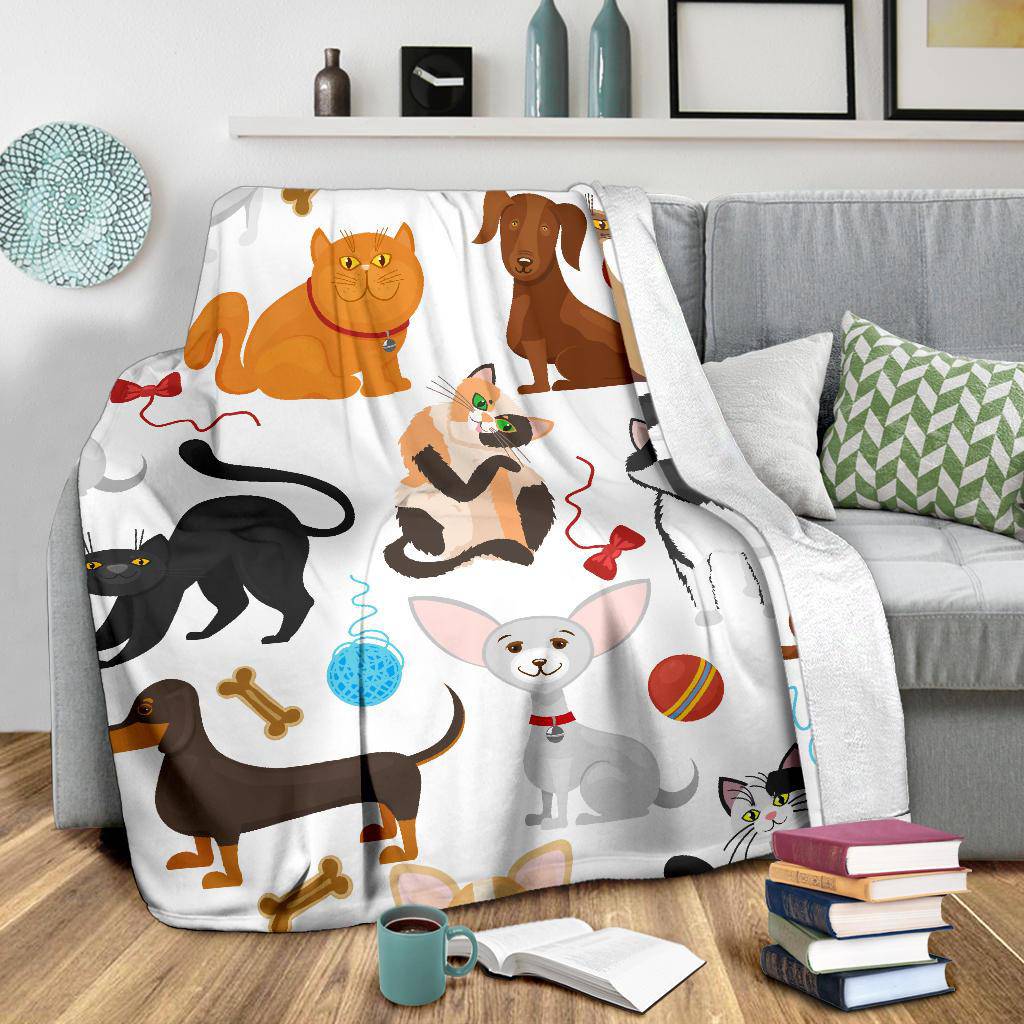 Seamless Pet Background Premium Blanket, Cute Lovely Cats And Dogs Cartoon Style - Top Content | POD Collection | Free Shipping