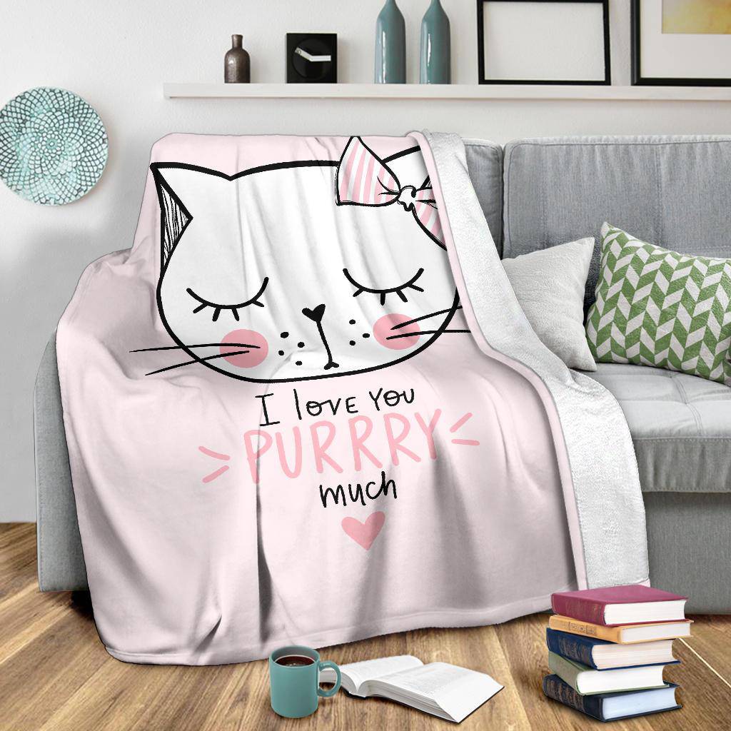 Cute Pink Cat Cartoon Drawing Premium Blanket, I Love You Purrry Much - Top Content | POD Collection | Free Shipping