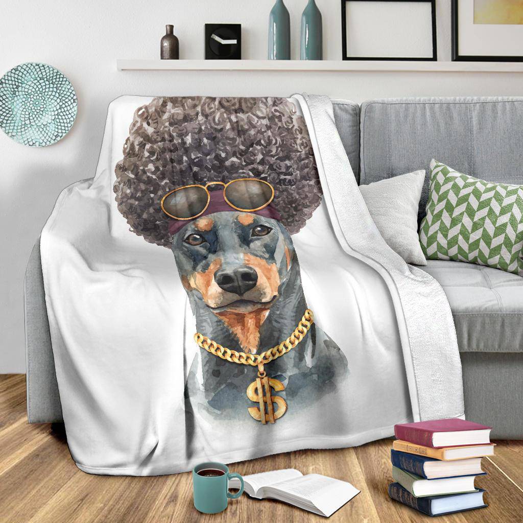 Funny Afro Doberman Premium Blanket, Watercolour Dog Portrait Drawing - Top Content | POD Collection | Free Shipping