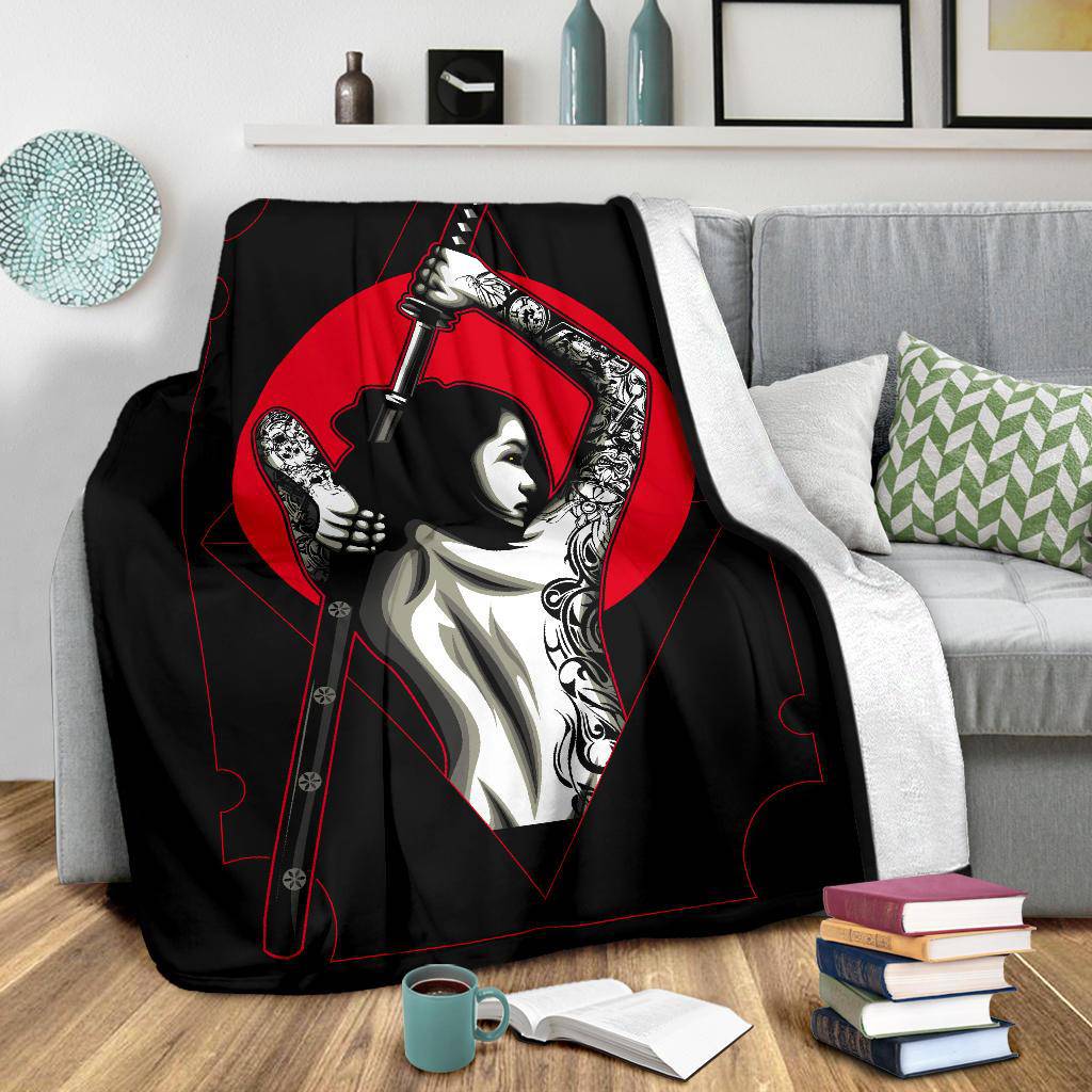 Samurai Woman Tattoo Japan Sword Red Sun Premium Blanket - Top Content | POD Collection | Free Shipping