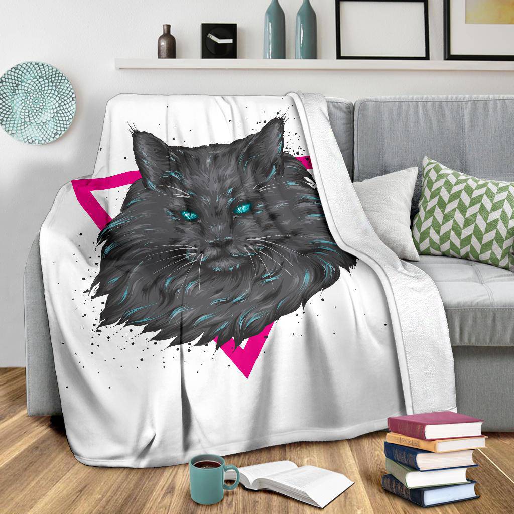 Cat Portrait Premium Blanket, Cool Blue Eyes Black Kitten Cartoon - Top Content | POD Collection | Free Shipping