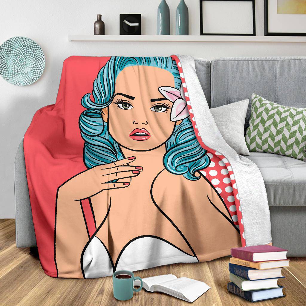 Pop Art Cartoon Sexy Girl with Blue Hair Premium Blanket - Top Content | POD Collection | Free Shipping