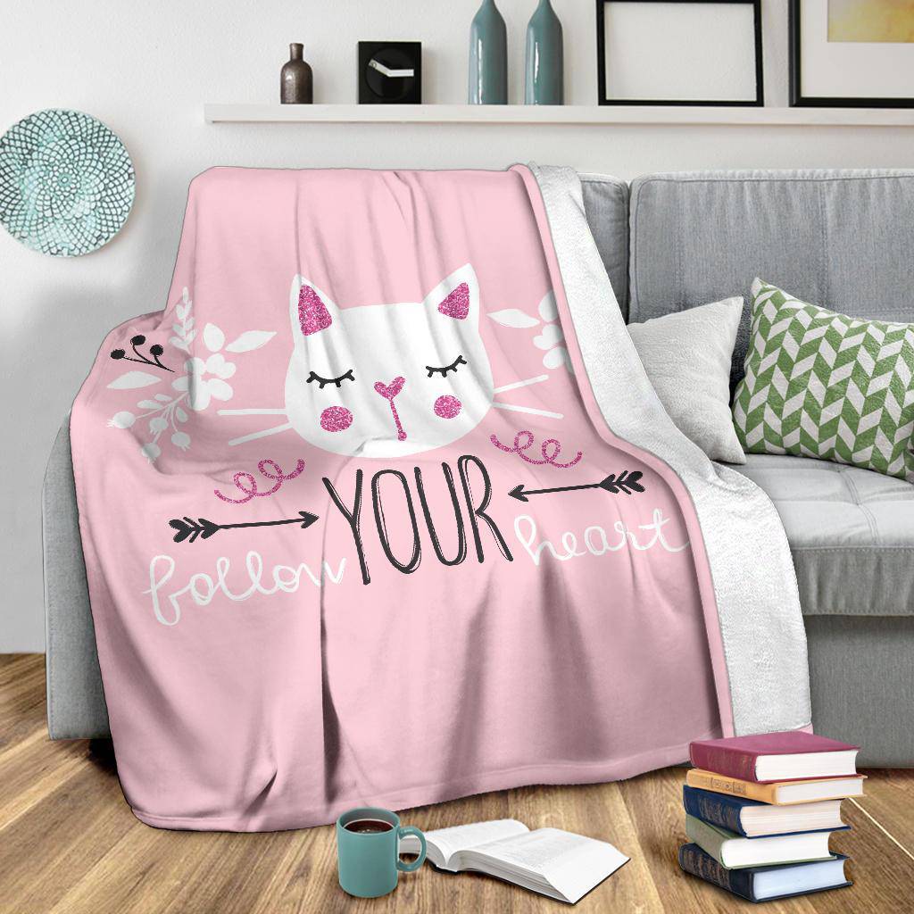 Girly Cute Cat Vector Illustration Premium Blanket, Follow Your Heart - Top Content | POD Collection | Free Shipping