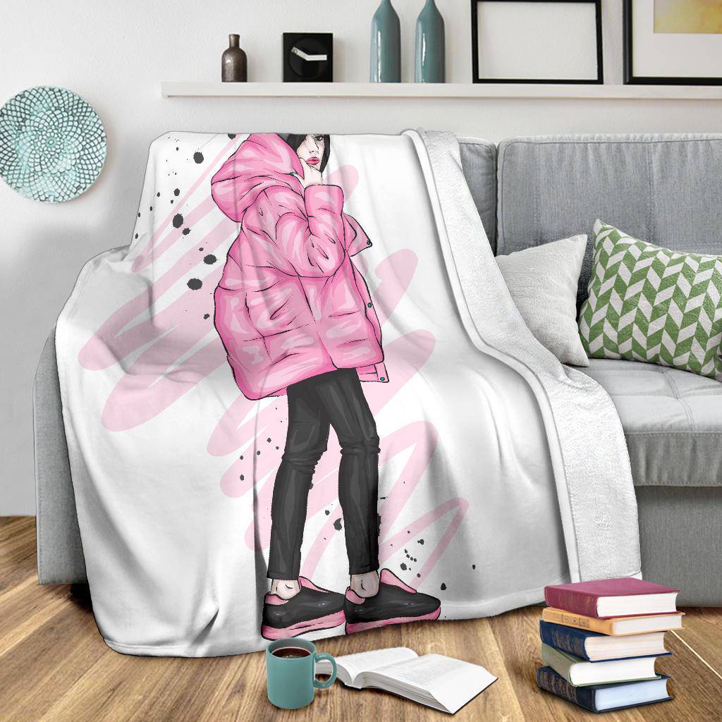 Stylish Pink Winter Girl Cartoon Premium Blanket - Top Content | POD Collection | Free Shipping