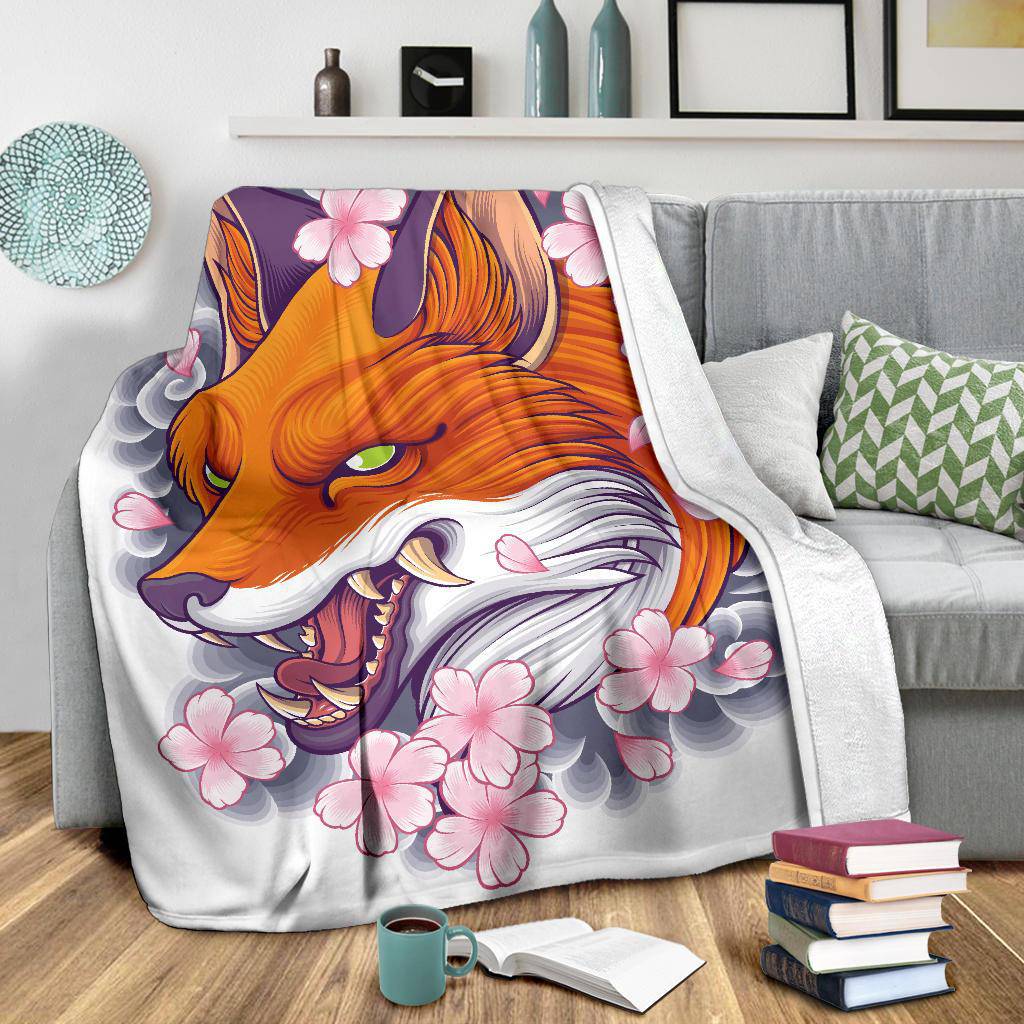 Angry Fox Head with Japanese Flowers Premium Blanket - Top Content | POD Collection | Free Shipping