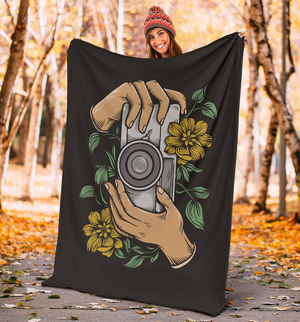 Holding Vintage Camera Cartoon Flower Illustration Premium Blanket - Top Content | POD Collection | Free Shipping