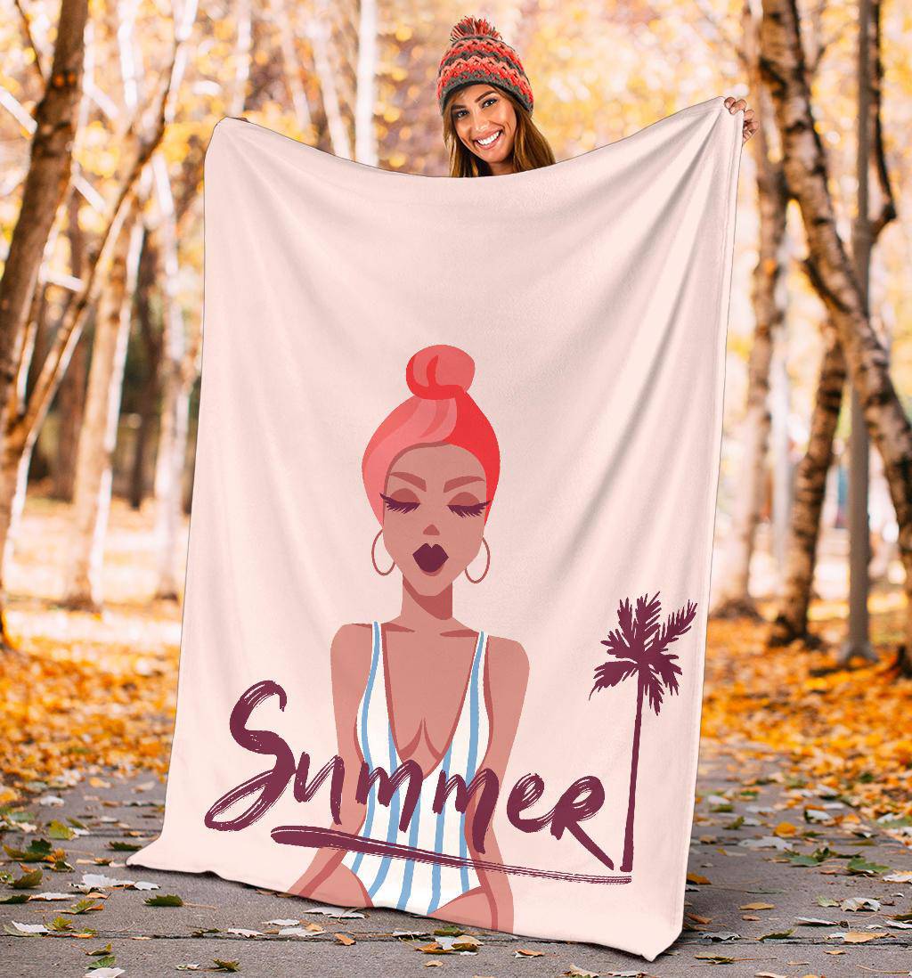 Summer Girl Premium Blanket, Beautiful Cartoon Drawing - Top Content | POD Collection | Free Shipping