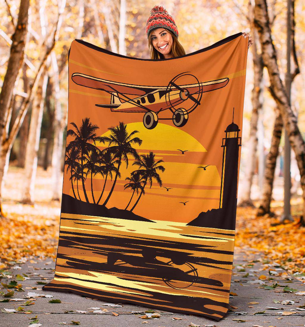 Flying Plane Beach Cartoon Premium Blanket - Top Content | POD Collection | Free Shipping