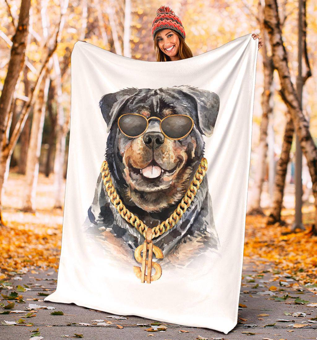 Rottweiler Watercolour Portrait Drawing Premium Blanket, Cool Rich Dog Cartoon - Top Content | POD Collection | Free Shipping