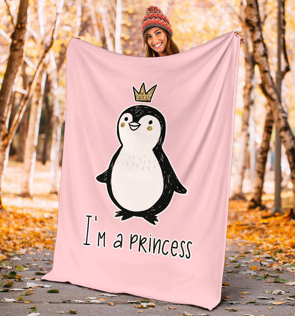 I' A Princess, Golden Glitter Penguin Premium With Crown Cartoon Premium Blanket - Top Content | POD Collection | Free Shipping