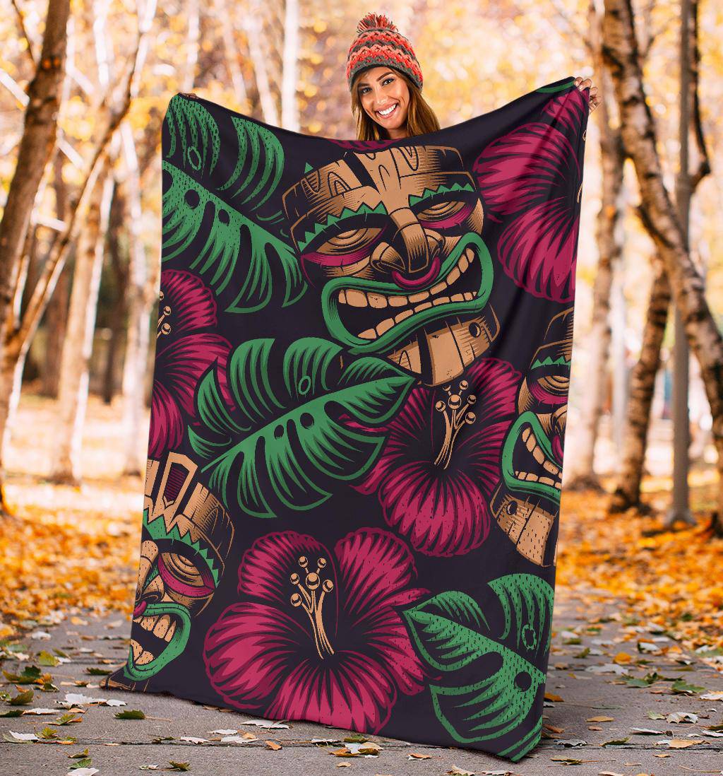 Tiki Mask Polynesia Style Tropical Flowers Premium Blanket - Top Content | POD Collection | Free Shipping