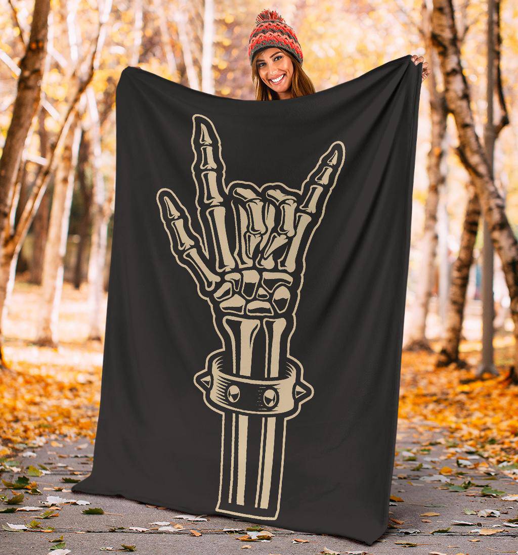 Skeleton Bone Cool Rock Hand Sign Cartoon Style Premium Blanket - Top Content | POD Collection | Free Shipping