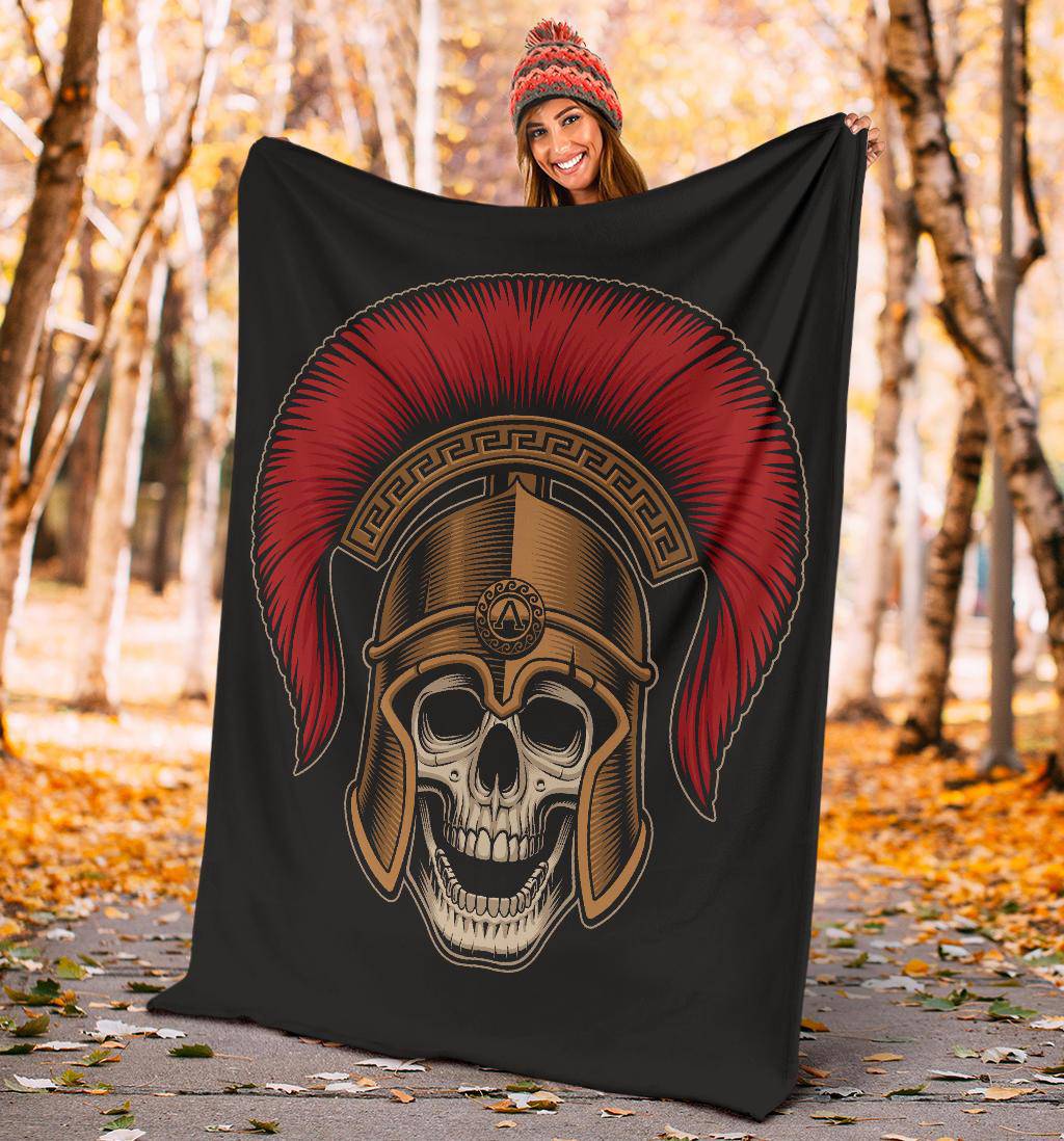 Spartan Warrior Skull Wearing A Helmet Cartoon Style Premium Blanket - Top Content | POD Collection | Free Shipping