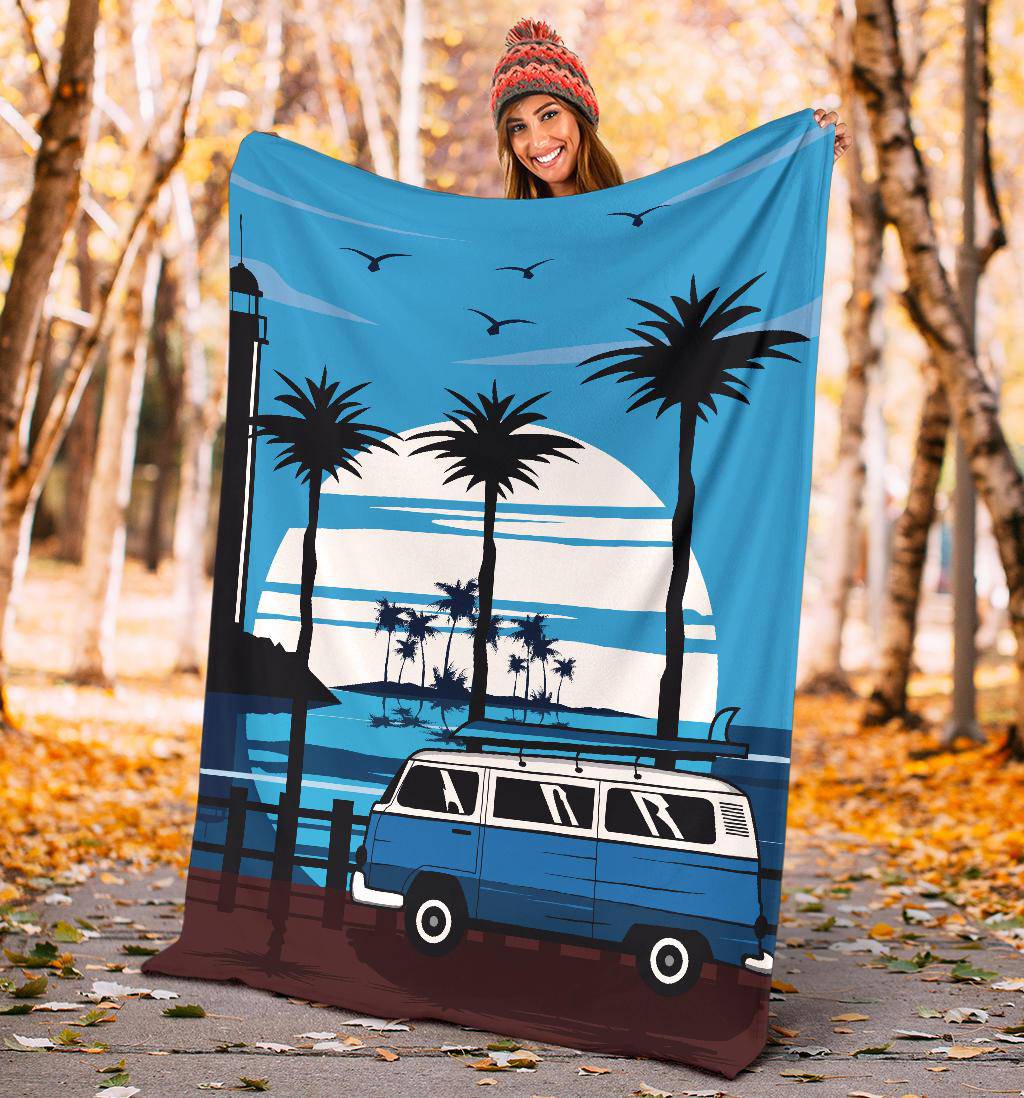 Blue Van Travel Lighthouse Cartoon Premium Blanket - Top Content | POD Collection | Free Shipping