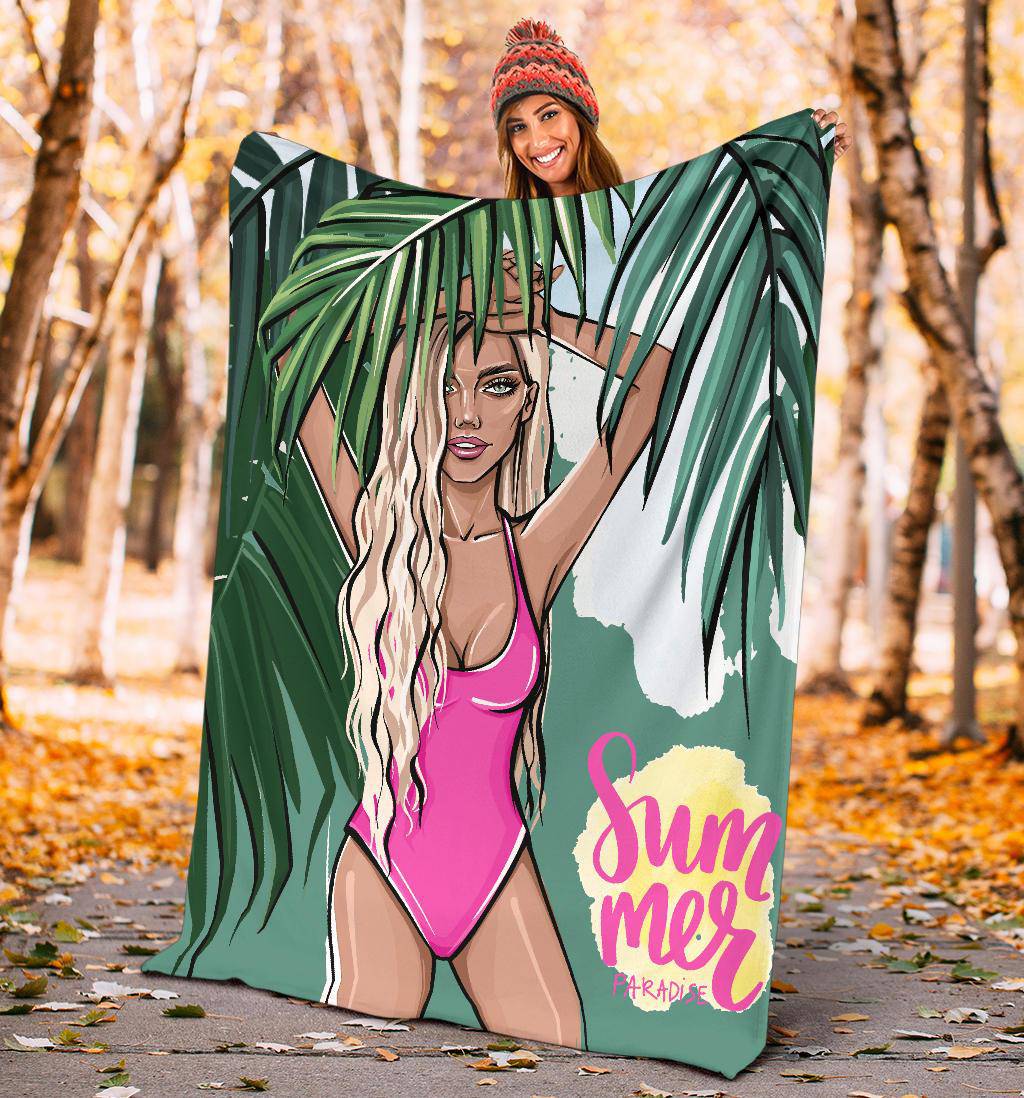 Summer Blonde Girl Premium Blanket, Beach Vibes, Palm Leaves Cartoon - Top Content | POD Collection | Free Shipping