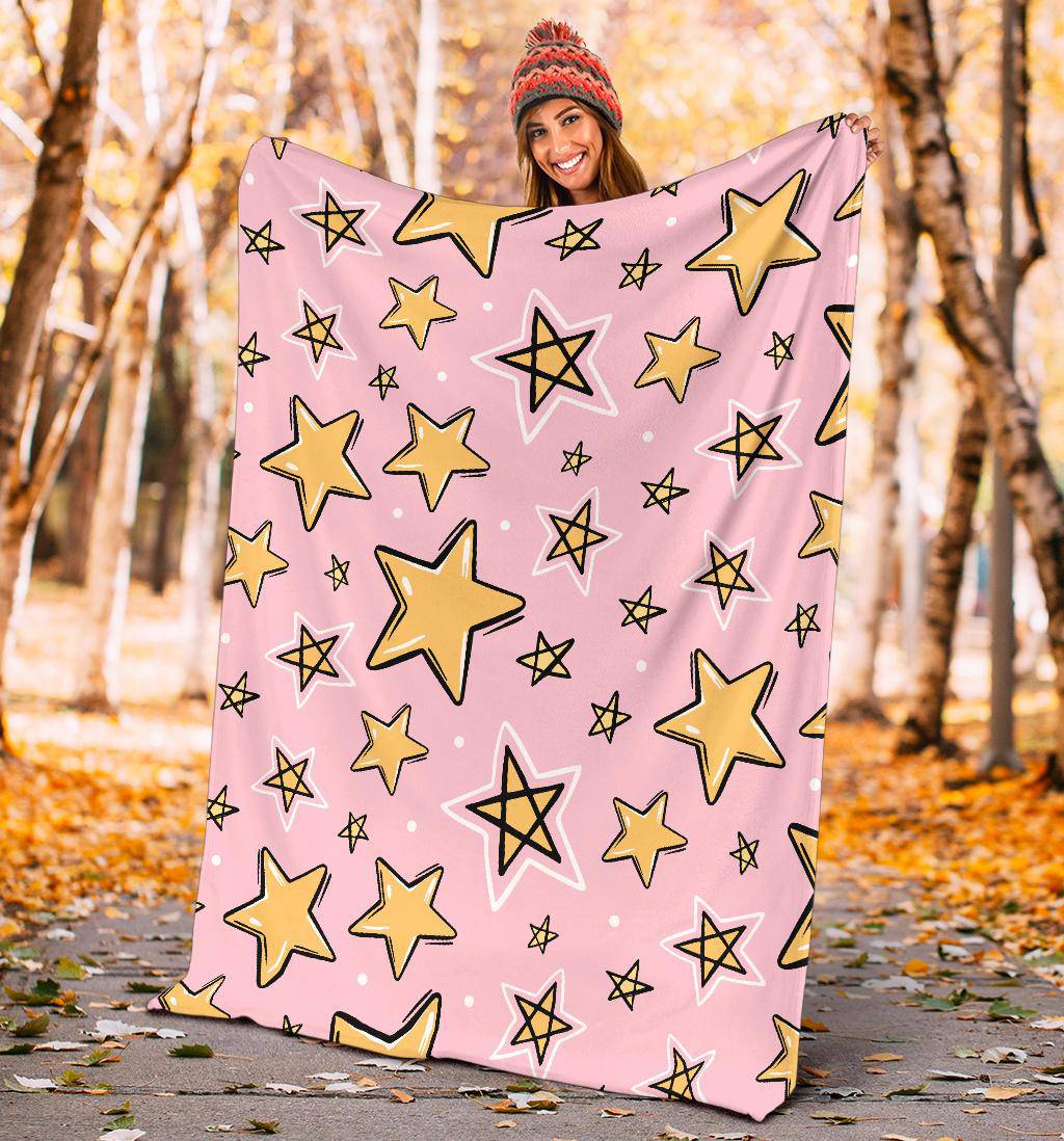 Hand Drawn Yellow Stars, Pink Seamless Pattern Premium Blanket - Top Content | POD Collection | Free Shipping