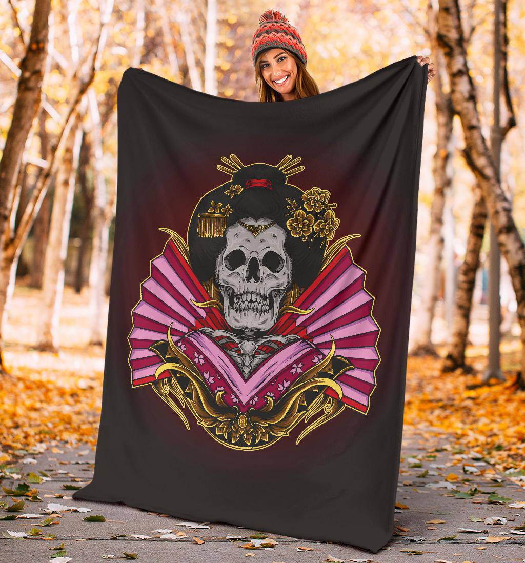 Skeleton Geisha Skull Premium Blanket, Cool Japanese Art Illustration - Top Content | POD Collection | Free Shipping