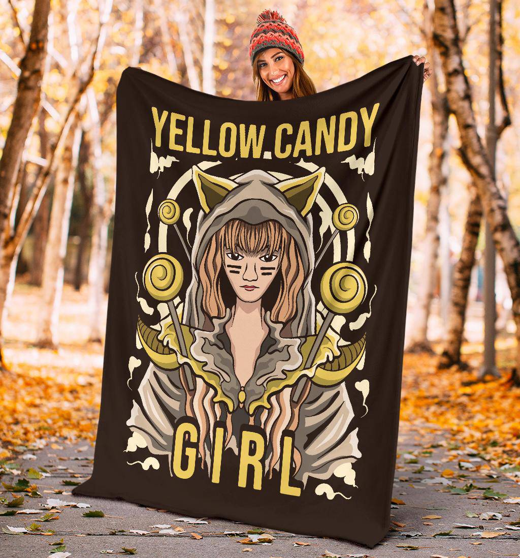 Yellow Candy Girl Premium Blanket, Cool Cat Girl Cartoon Drawing - Top Content | POD Collection | Free Shipping