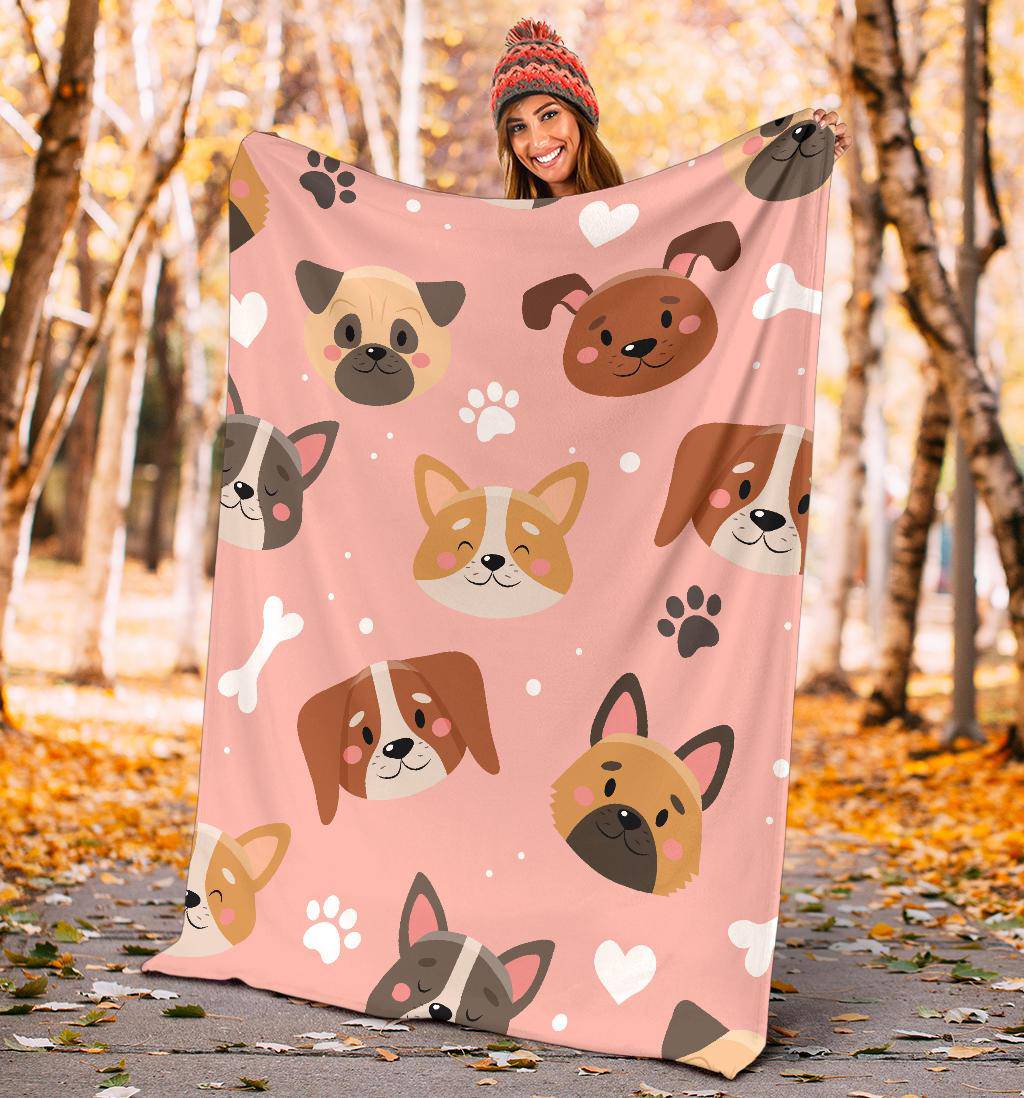 Cute Doggy Pink Background, Paws and Bones Cartoon Premium Blanket - Top Content | POD Collection | Free Shipping