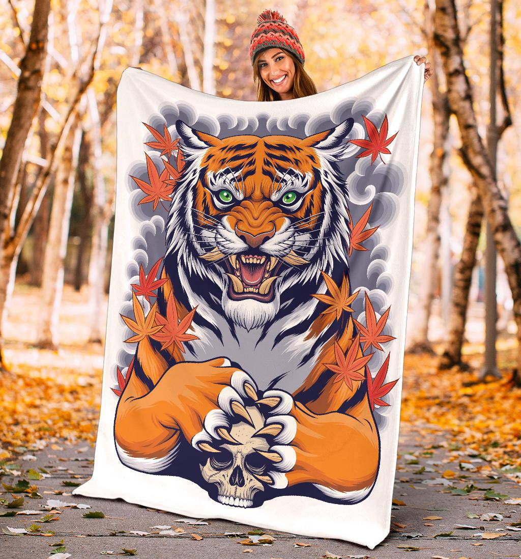 Tiger Skull Illustration Premium Blanket, Japanese Style Art - Top Content | POD Collection | Free Shipping