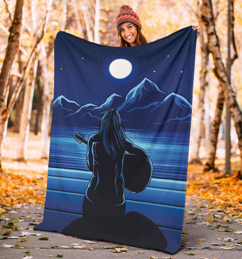 Guitarist Woman in the Moonlight, Mountain view, Sea Premium Blanket - Top Content | POD Collection | Free Shipping