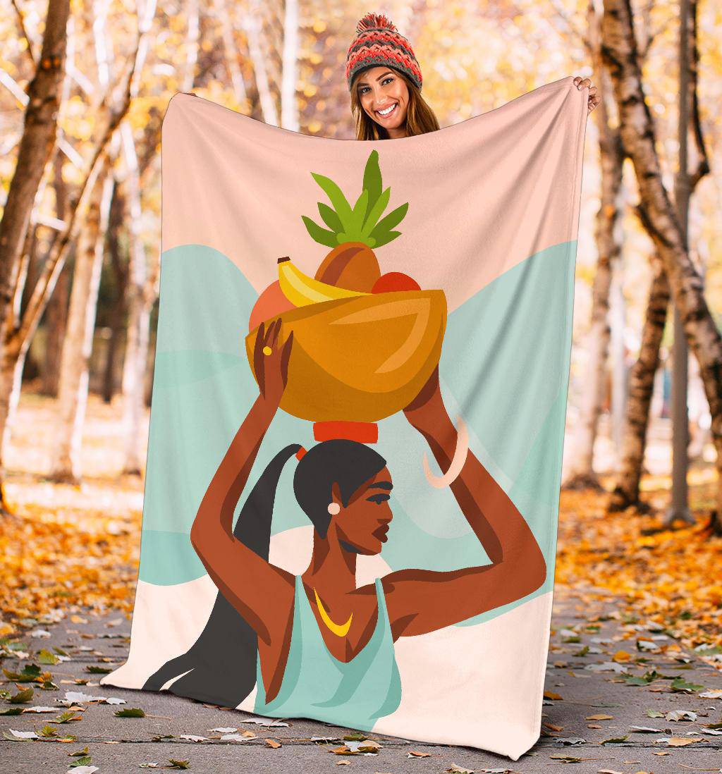 Young Female Carries Basket with Fruits on her Head, Hand Drawn Premium Blanket - Top Content | POD Collection | Free Shipping