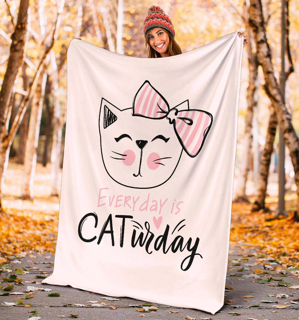 Cute Cat Drawing Quote Premium Blanket, Everyday Is Caturday - Top Content | POD Collection | Free Shipping