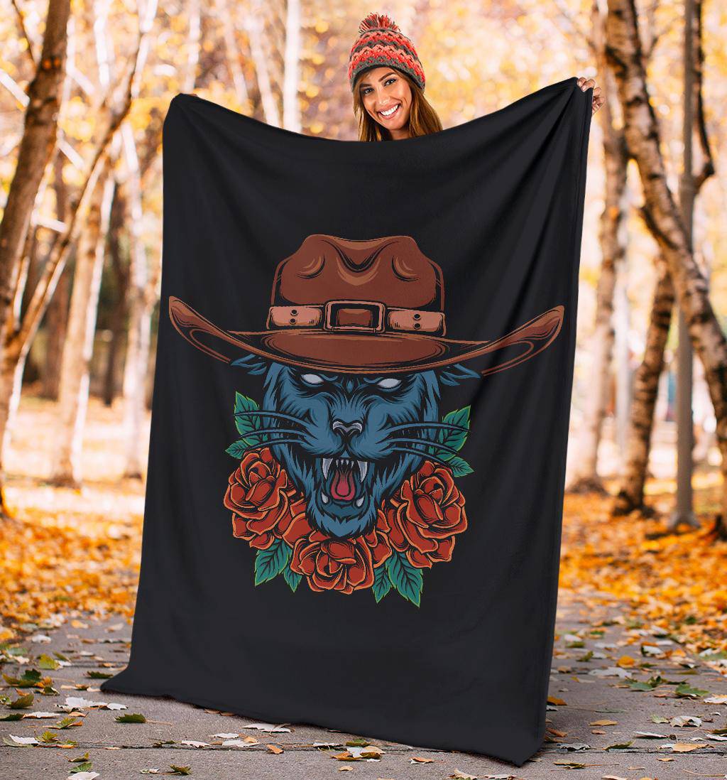 Cool Cowboy Style Panther Cartoon Drawing, Premium Blanket - Top Content | POD Collection | Free Shipping