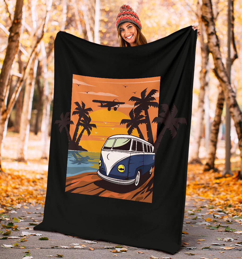 Blue Van Island Sunset Cartoon Premium Blanket - Top Content | POD Collection | Free Shipping