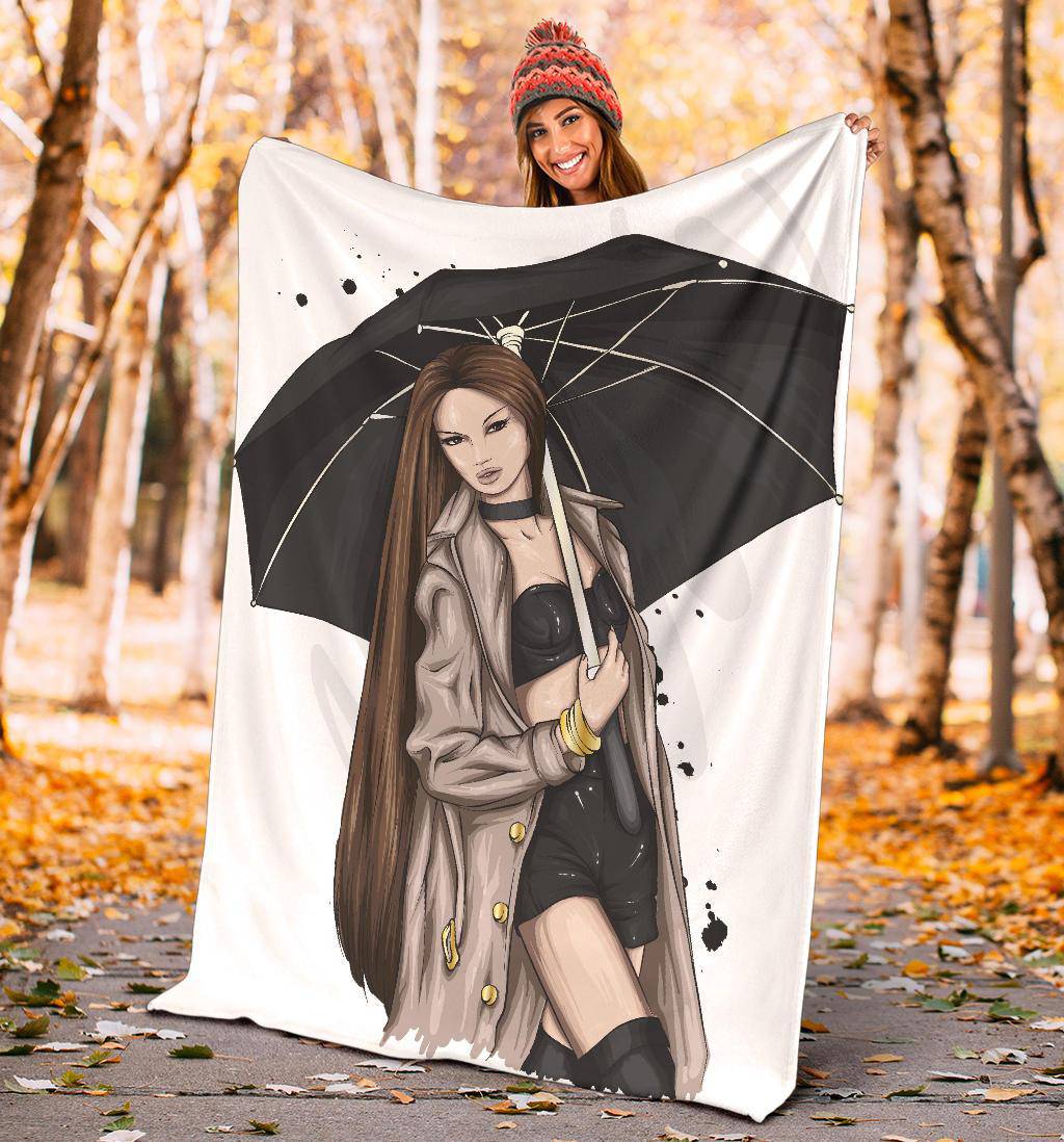 Premium Blanket Stylish Brunette Girl With Umbrella Cartoon - Top Content | POD Collection | Free Shipping