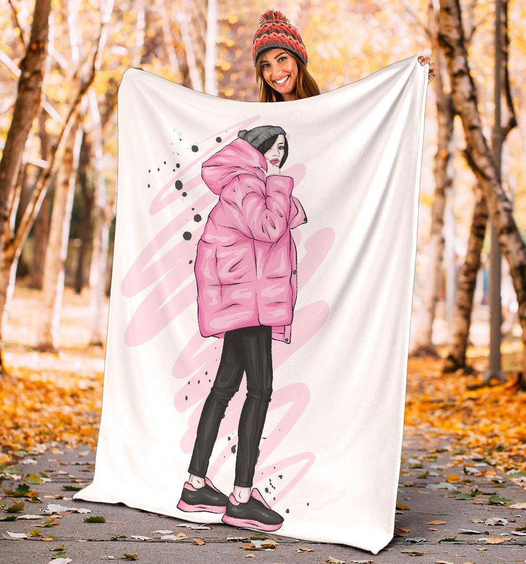 Stylish Pink Winter Girl Cartoon Premium Blanket - Top Content | POD Collection | Free Shipping