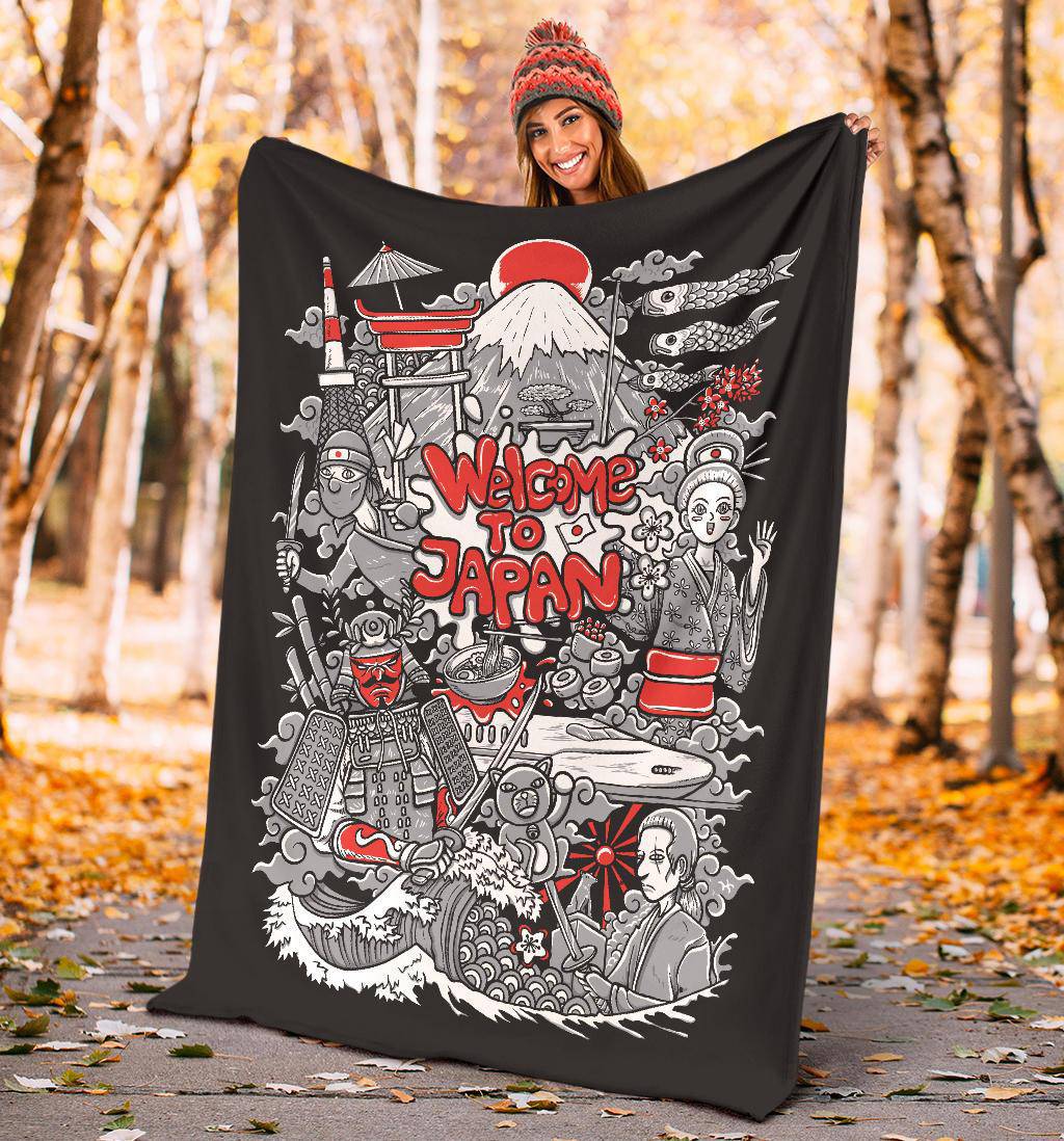 Welcome To Japan Premium Blanket, Illustration Of Culture Landmarks - Top Content | POD Collection | Free Shipping