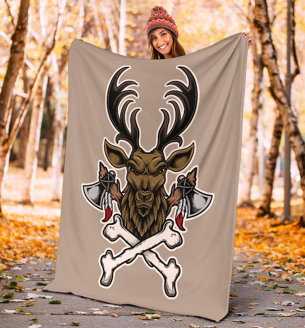 Vintage Deer Bone Axe Cartoon Illustration  Premium Blanket - Top Content | POD Collection | Free Shipping