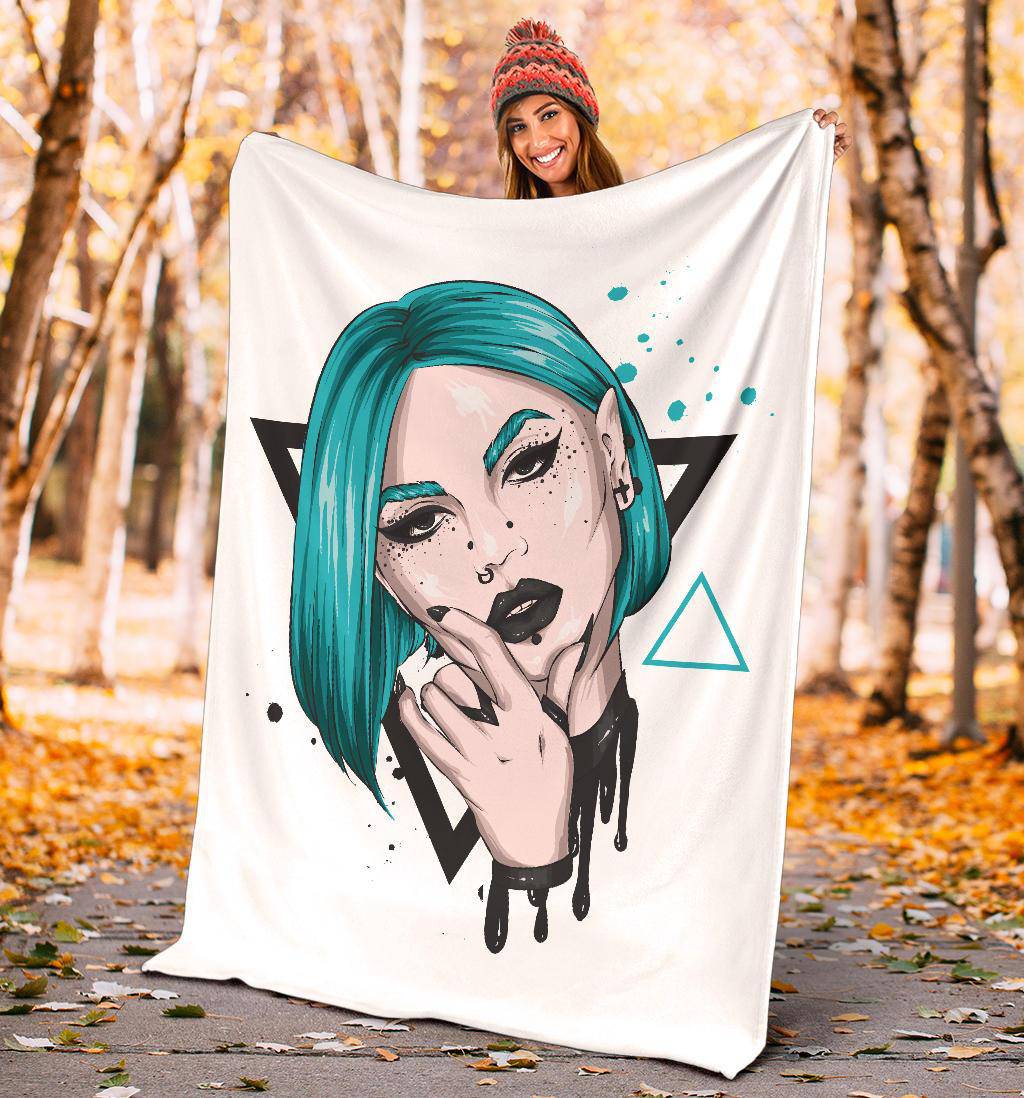 Blue Girl Portrait Premium Blanket, Cool Punk Cartoon Drawing - Top Content | POD Collection | Free Shipping