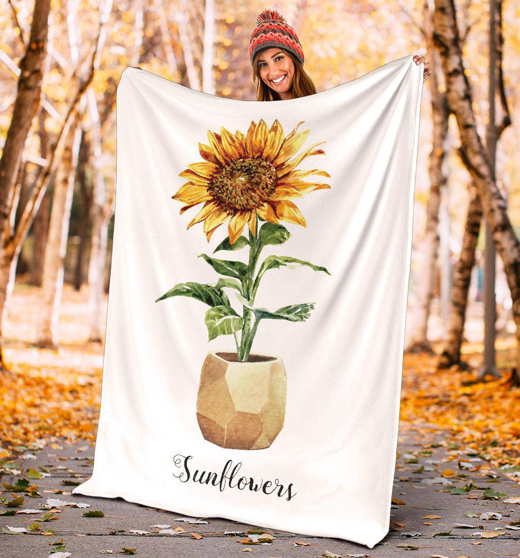 Sunflower Flower Pot Premium Blanket, Watercolour Drawing Illustration - Top Content | POD Collection | Free Shipping