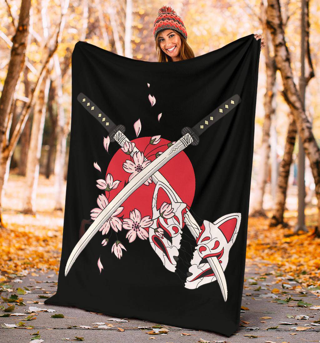 Swords Japanese Mask Kitsune Premium Blanket - Top Content | POD Collection | Free Shipping