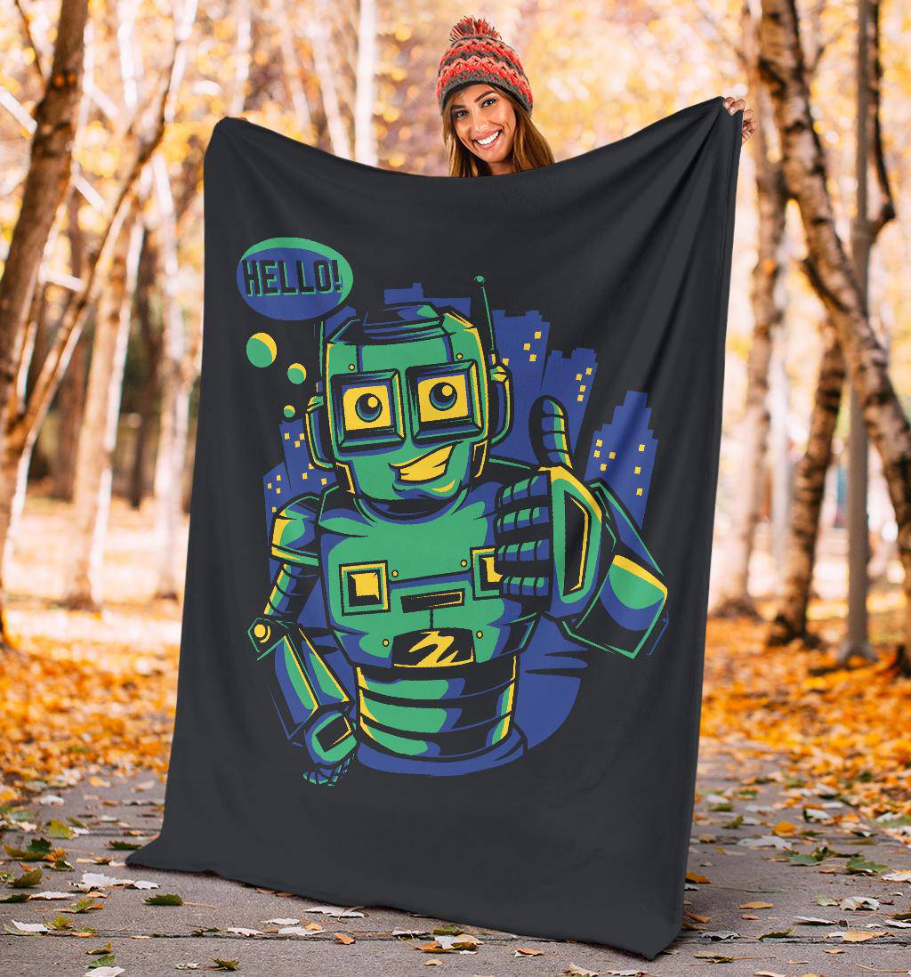 Hello Robot Happy Bot Droid Cartoon Premium Blanket - Top Content | POD Collection | Free Shipping