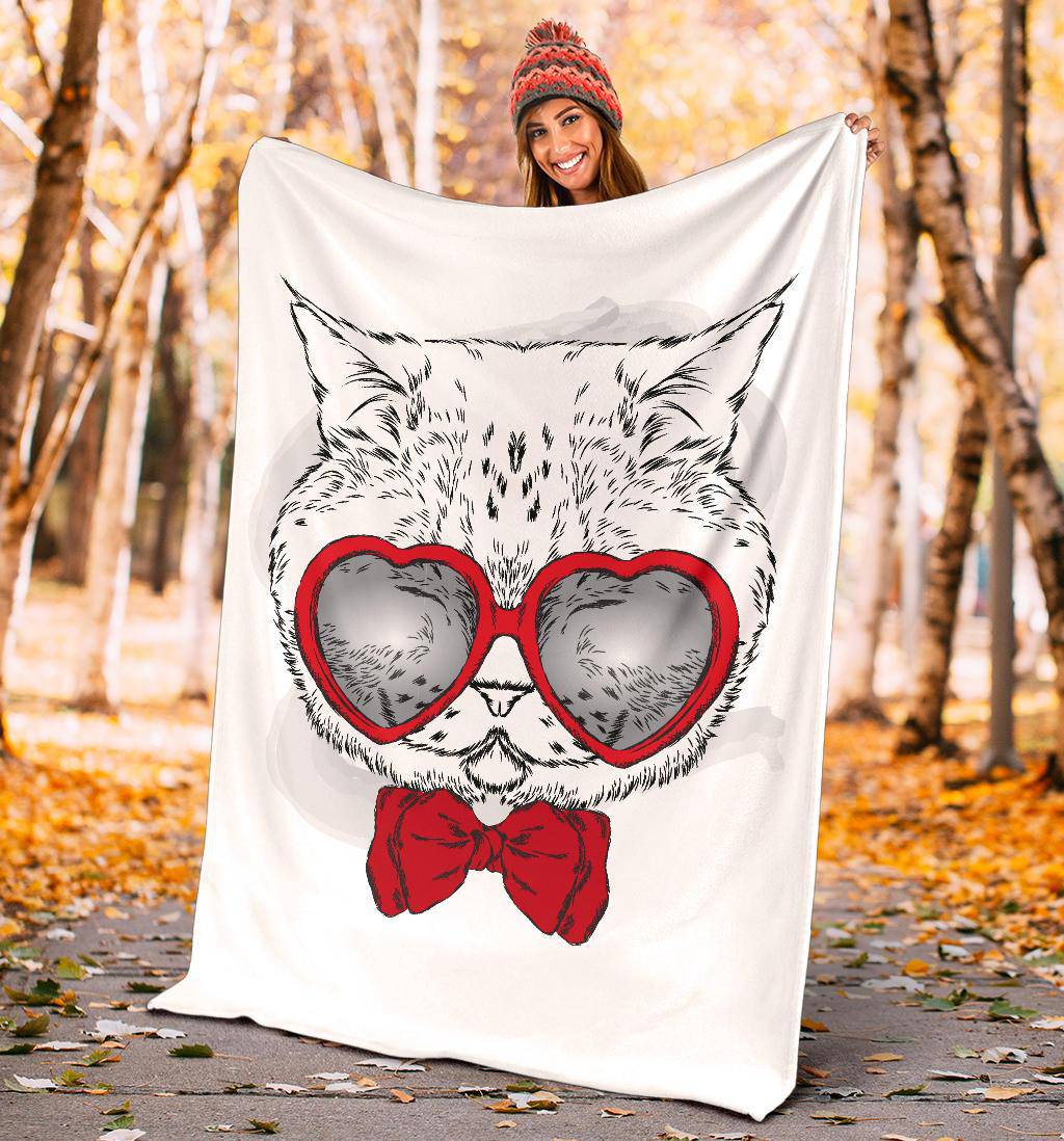 Cute Cat With Red Heart Glasses Premium Blanket - Top Content | POD Collection | Free Shipping