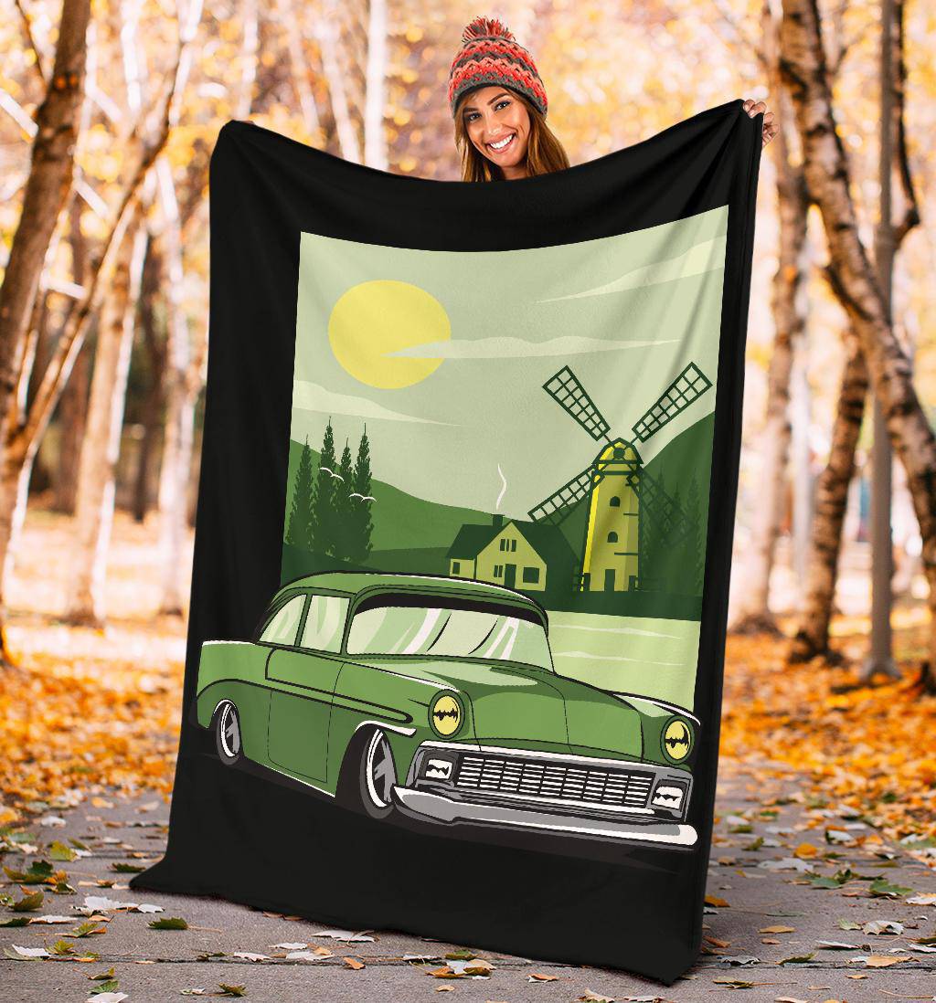 Green Car Windmill Cartoon Premium Blanket - Top Content | POD Collection | Free Shipping